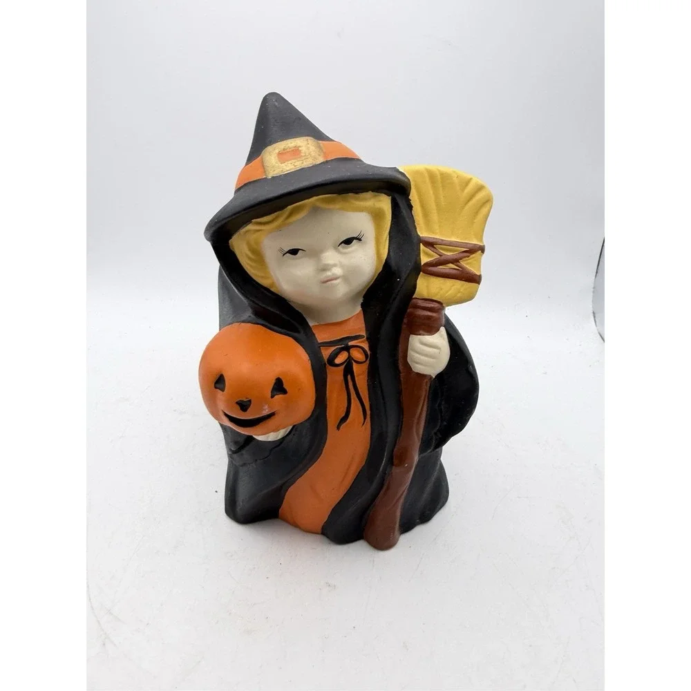 Vintage Halloween Witch Pumpkin Broom Ceramic Planter Container Decor